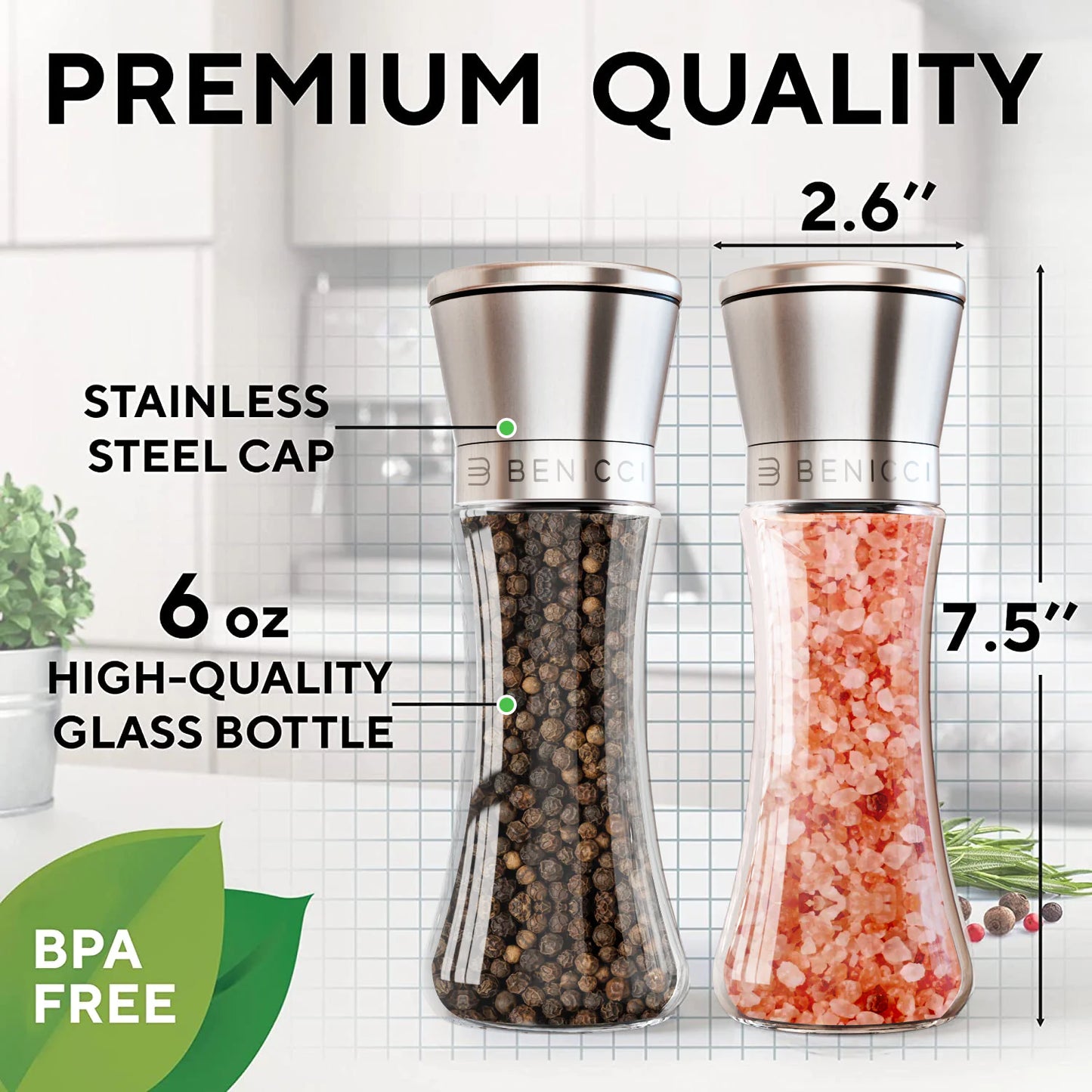 Refillable-  Benicci Stainless Steel Salt & Pepper Grinders